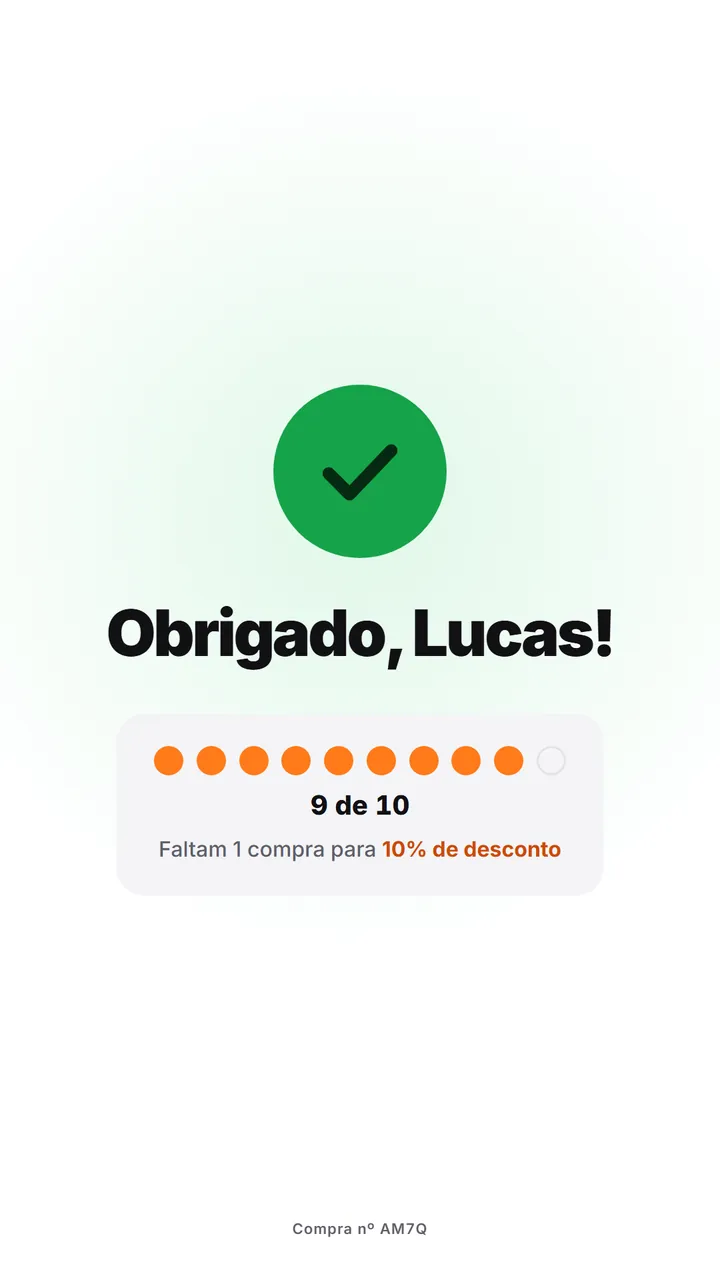 Tela de agradecimento com o cartão fidelidade: 8 de 10 compras